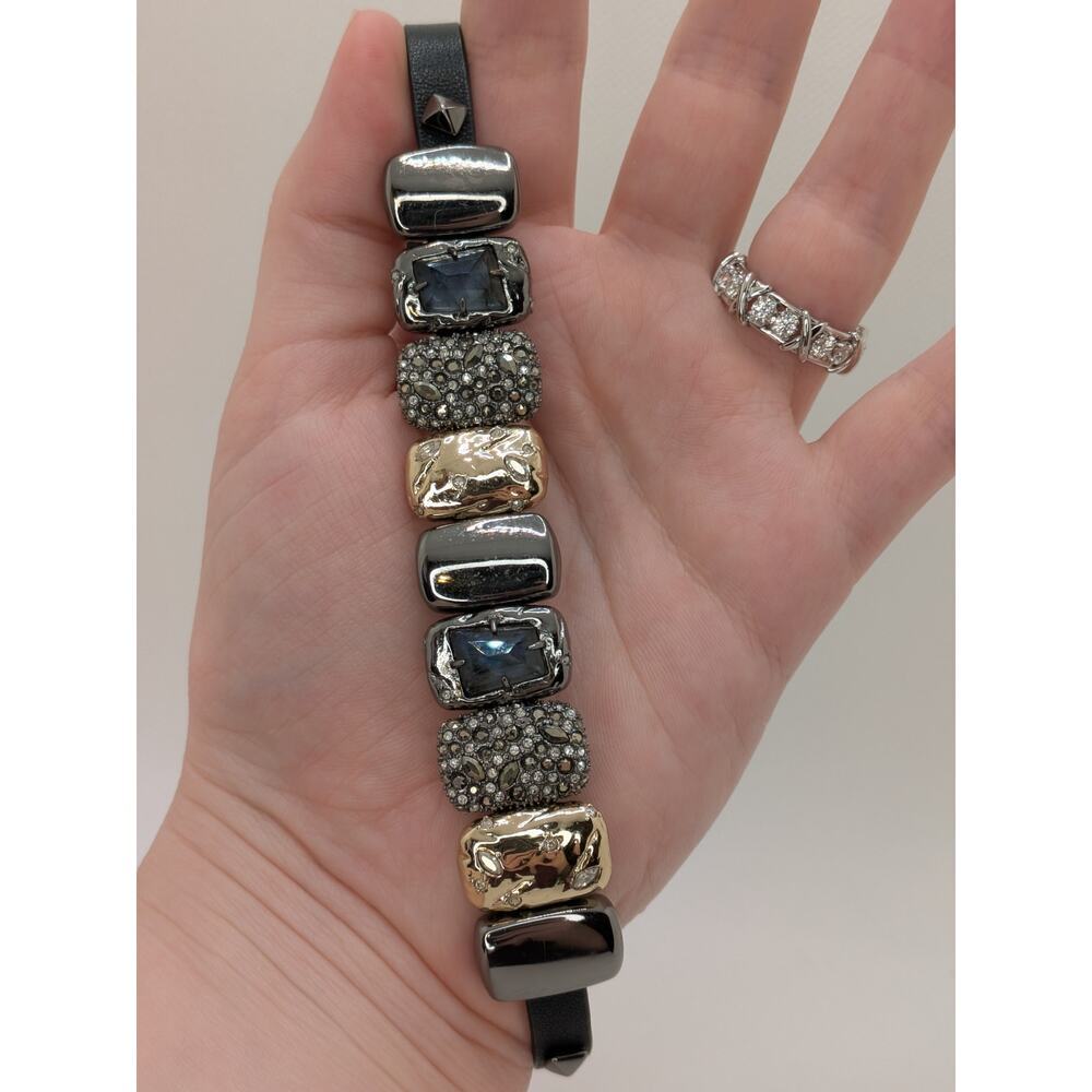 Alexis Bittar Crystal Embellished Three Tone Metal Black Leather Bracelet Choker - Picture 2 of 4